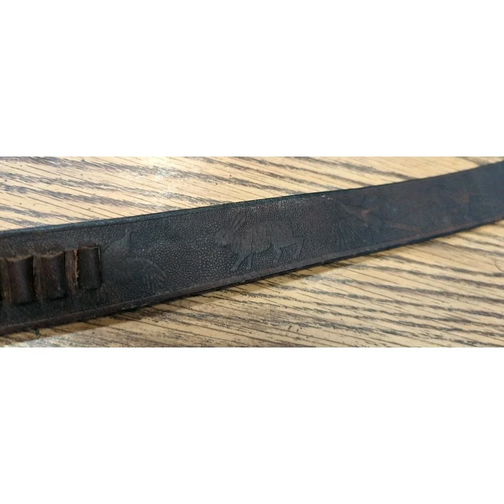 Vintage Leather Ammo Belt Hunting Scene‎ Birds Rabbit Turkey Cowhide Size Medium